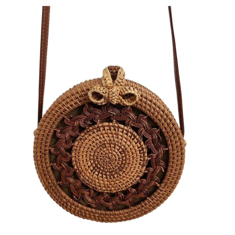 Antik‎ Kraft Crossbody Bag Round Straw Brown Wicker Rattan Handwoven Beach Boho